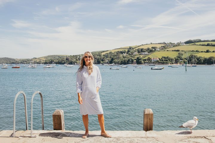 Jamie Striped Towelling Hooded Robe | White & Marine