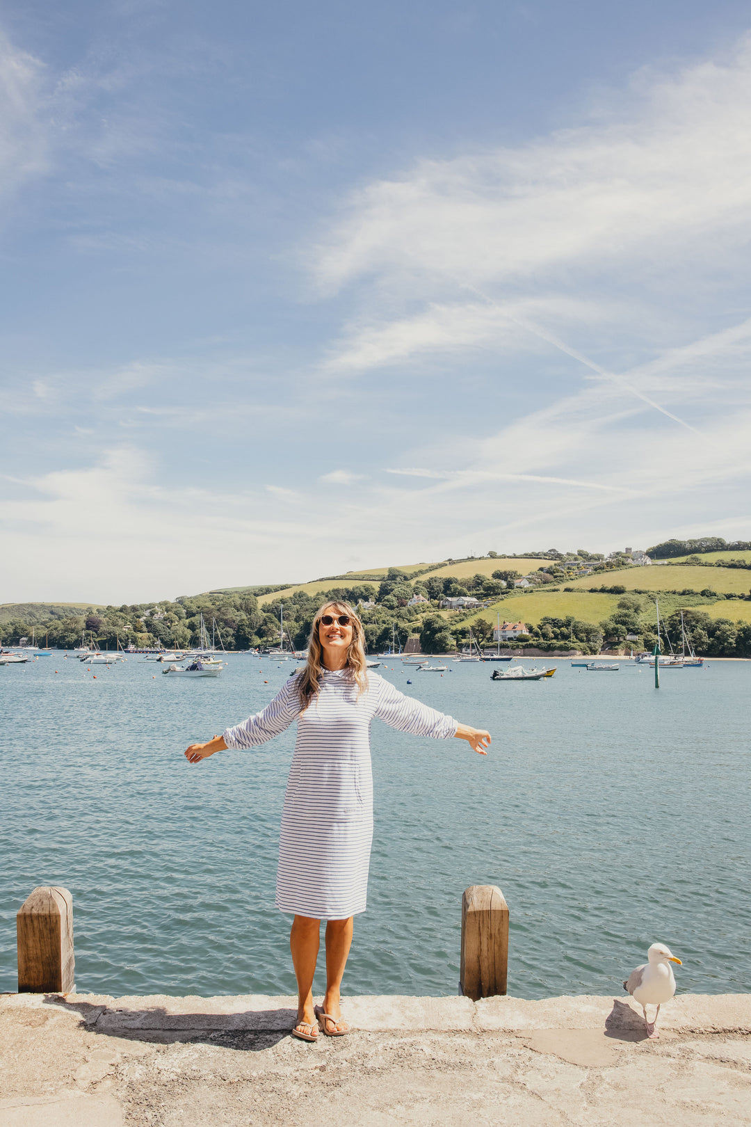 Jamie Striped Towelling Hooded Robe | White & Marine