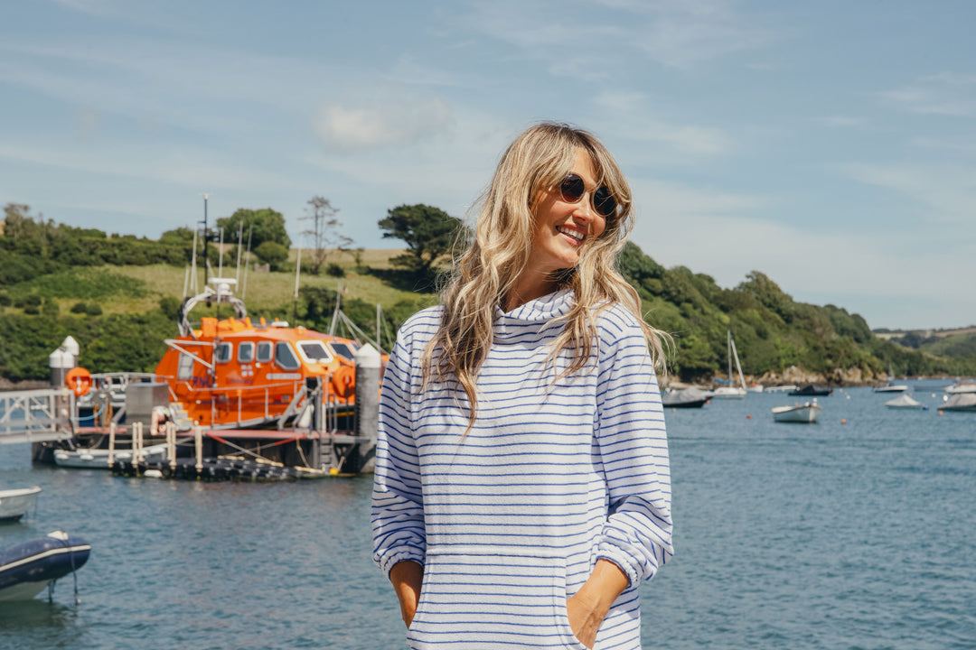 Jamie Striped Towelling Hooded Robe | White & Marine