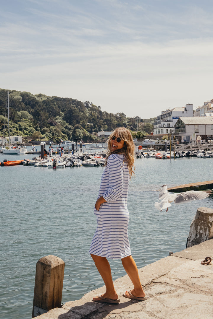 Jamie Striped Towelling Hooded Robe | White & Marine