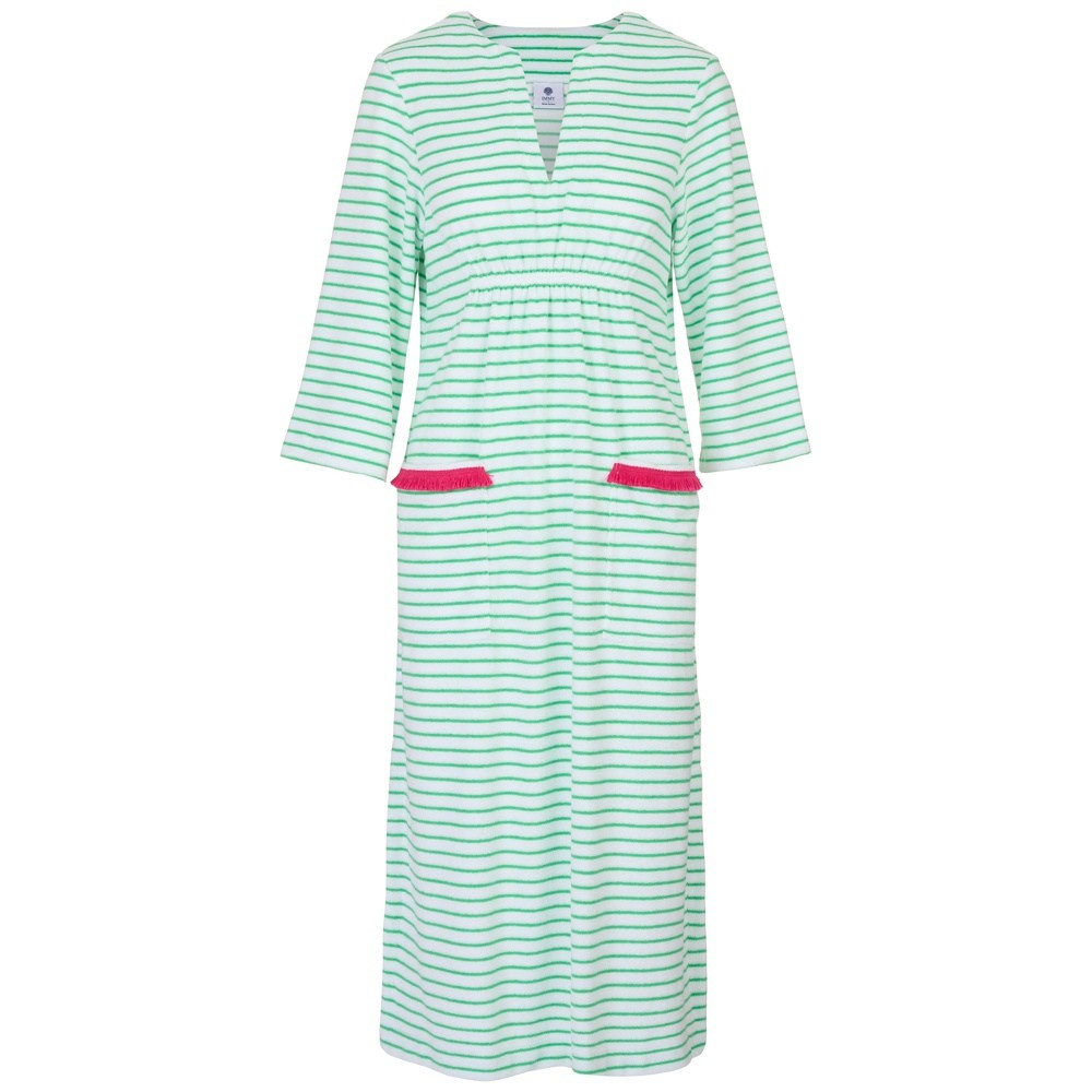 Victoria Striped Towelling Beach Dress / Cover Up | White & Apple, Fuchsia Trim