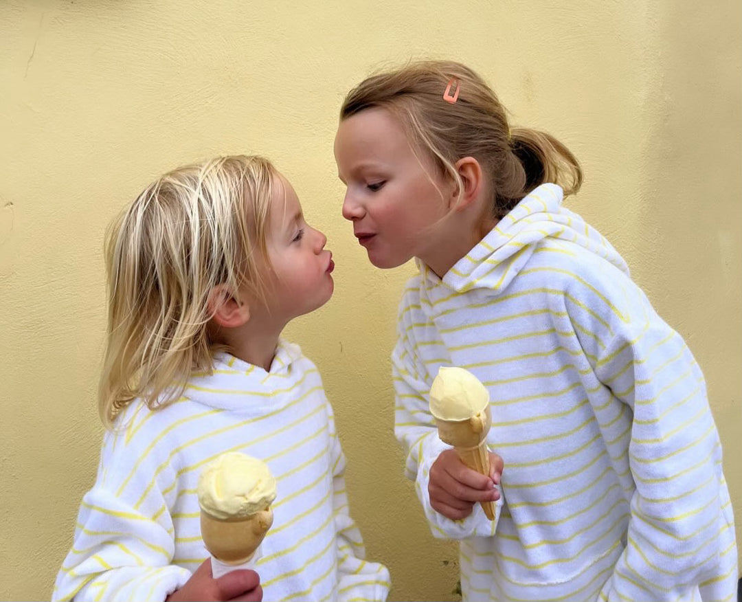 Childrens Striped Towelling Hooded Beach Robe | White & Lemon