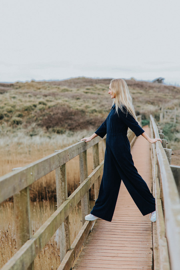 'Honor' Wide Leg Jumpsuit - Navy Stretch Towelling