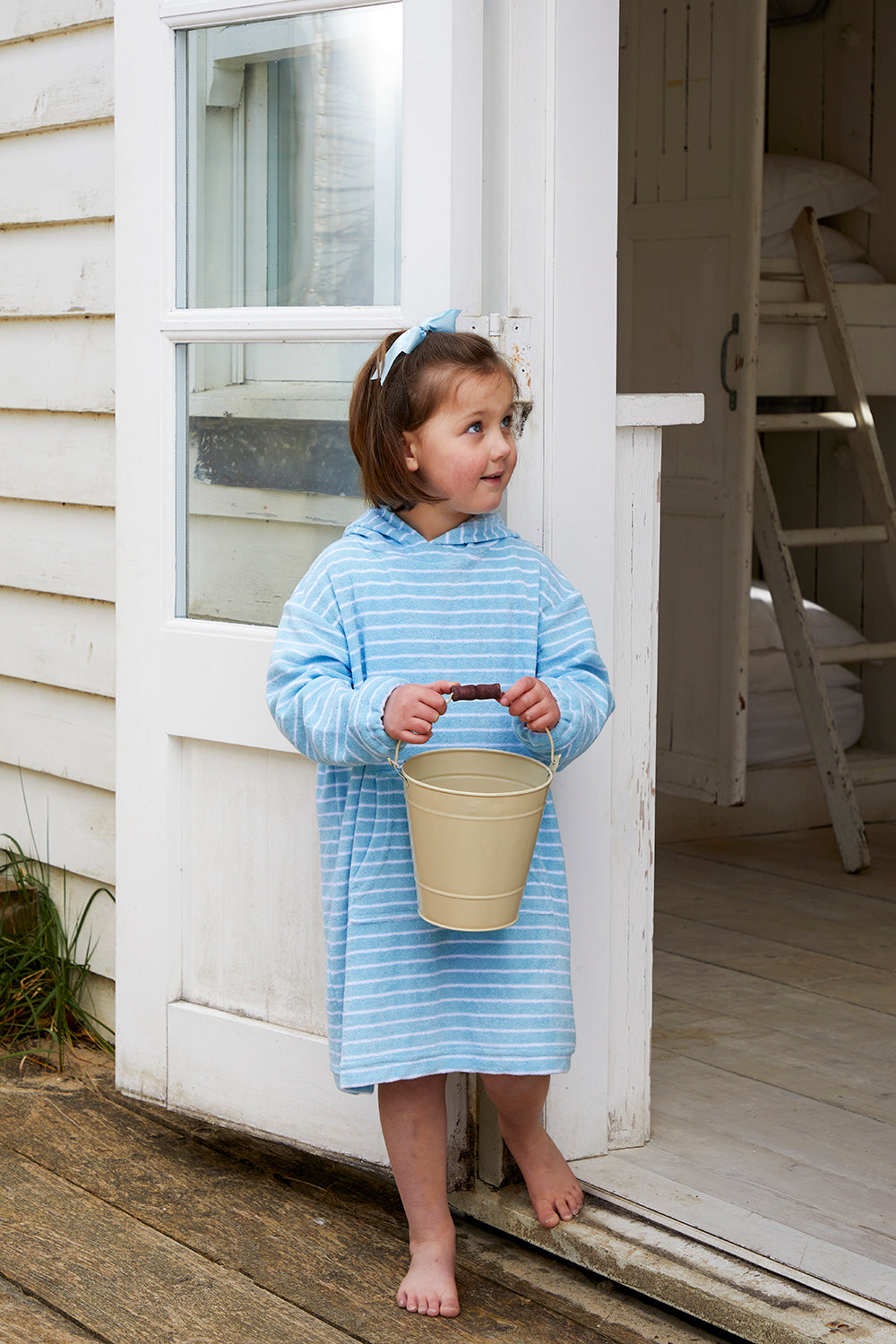 Childrens Striped Towelling Hooded Beach Robe | Sky & White