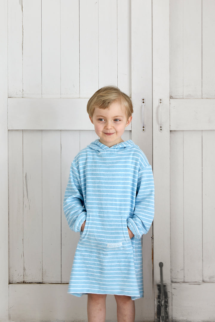 Childrens Striped Towelling Hooded Beach Robe | Sky & White