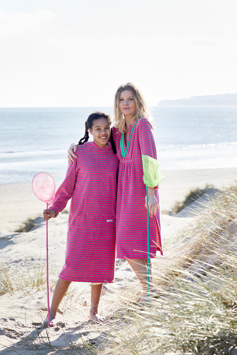 Childrens Striped Towelling Hooded Beach Robe | Fuchsia & Apple
