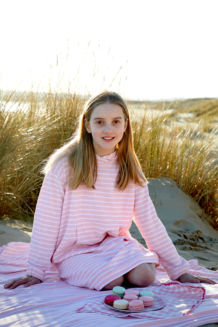 Childrens Striped Towelling Hooded Beach Robe | Rose & White