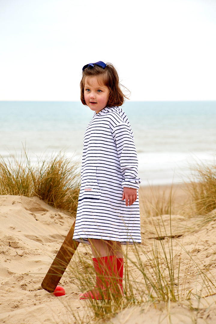 Childrens Striped Towelling Hooded Beach Robe | White & Navy