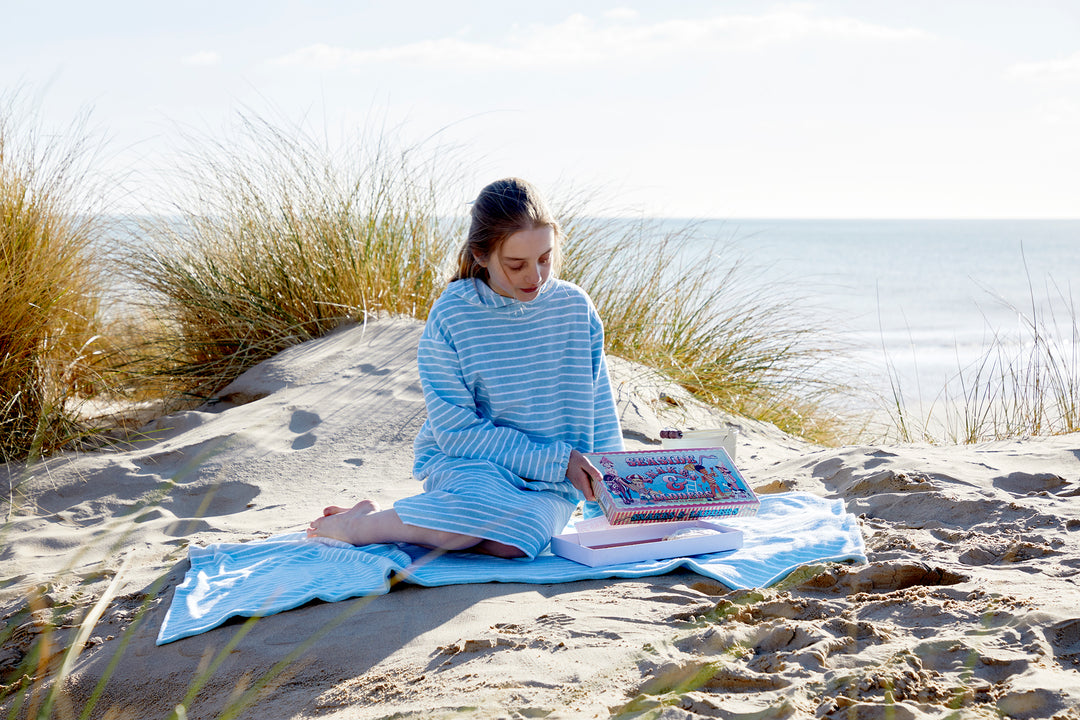 Childrens Striped Towelling Hooded Beach Robe | Sky & White