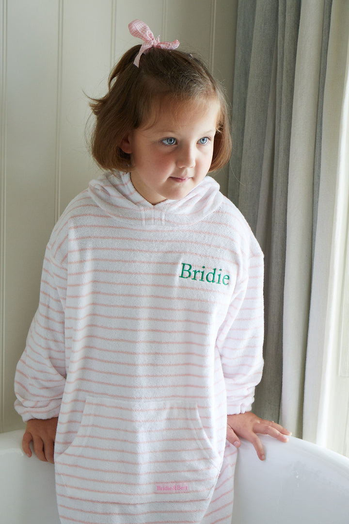 Childrens Striped Towelling Hooded Beach Robe | White & Rose