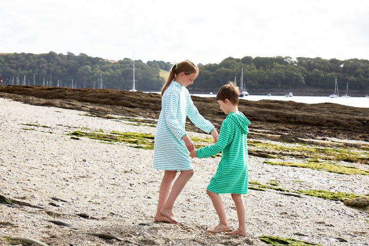 Childrens Striped Towelling Hooded Beach Robe | Apple & White