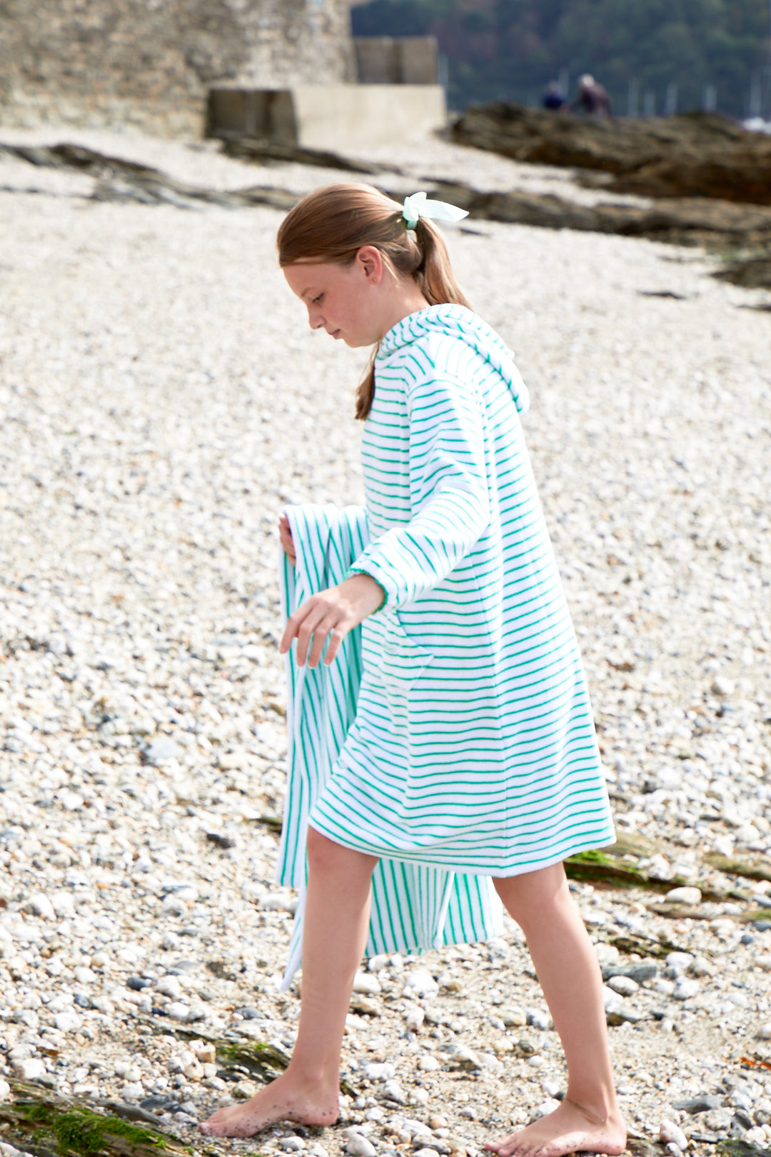 Childrens Striped Towelling Hooded Beach Robe | White & Apple