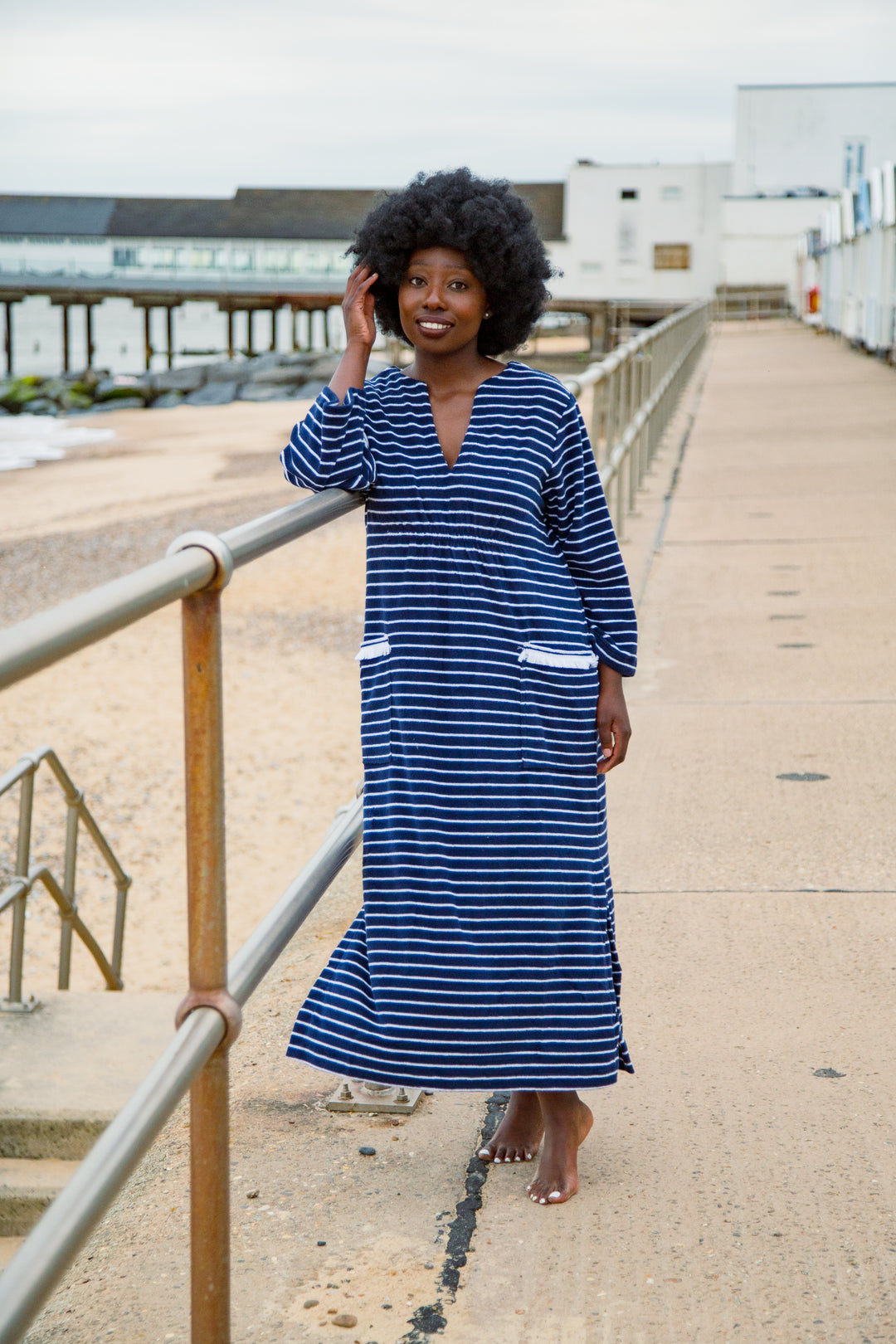 Victoria Striped Towelling Beach Dress / Cover Up | Navy & White, White Trim