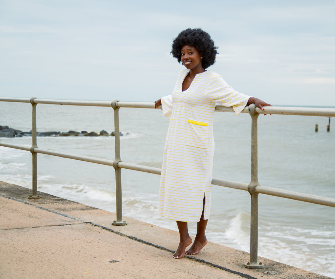 Victoria Striped Towelling Beach Dress / Cover Up | White & Lemon, Lemon Trim