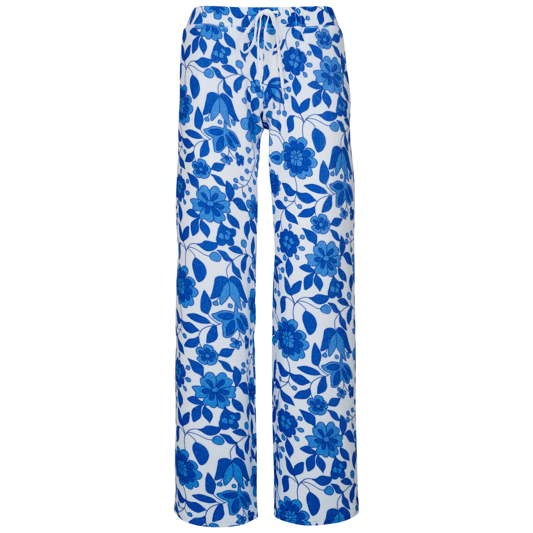 Womens Floral Towelling Wide Leg Jogging Bottoms | Marine