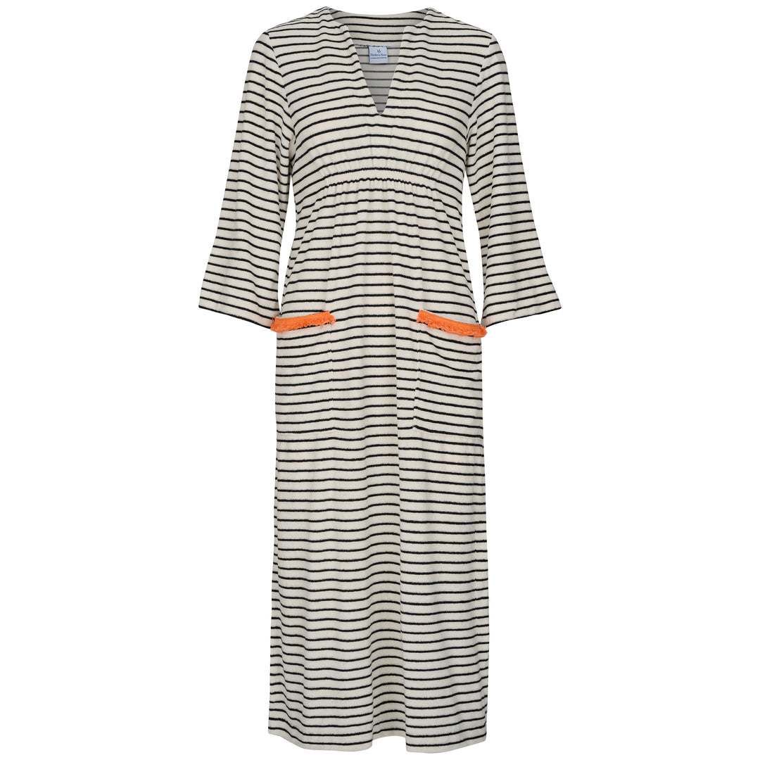 Victoria Striped Towelling Beach Dress / Cover Up | Ecru & Black, Orange Trim