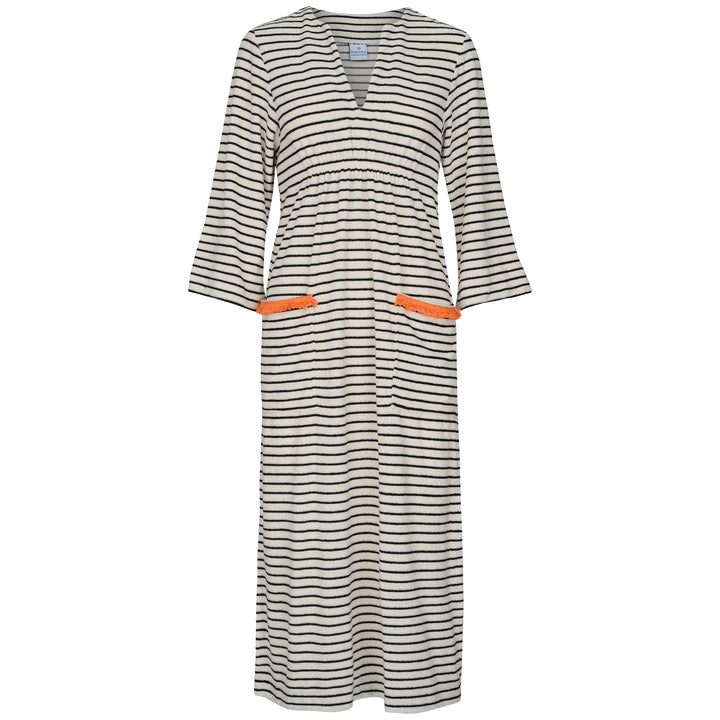 Victoria Striped Towelling Beach Dress / Cover Up | Ecru & Black, Orange Trim