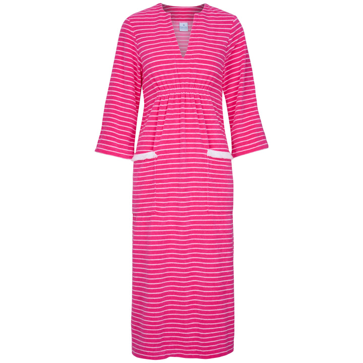 Victoria Striped Towelling Beach Dress / Cover Up | Fuchsia & White, Fuchsia Trim