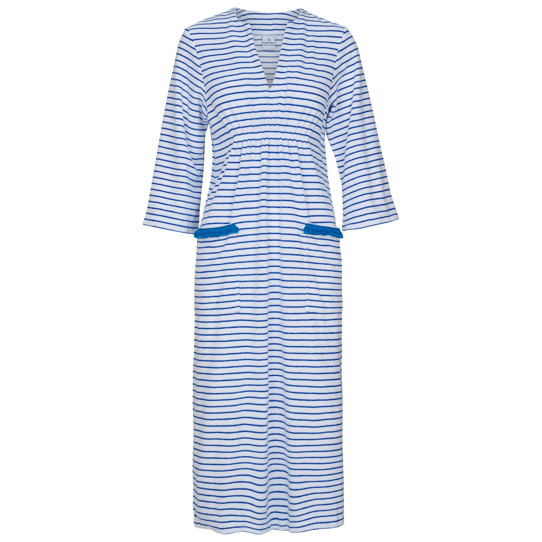 Victoria Striped Towelling Beach Dress / Cover Up | White & Marine, Marine Trim