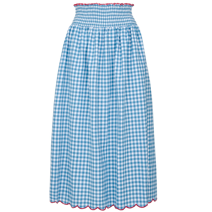 Cotton Gingham Skirt With Wide Elasticated Waist and Scalloped Hemline| Blue
