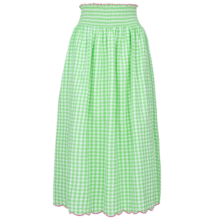 Cotton Gingham Skirt With Wide Elasticated Waist and Scalloped Hemline | Apple Green