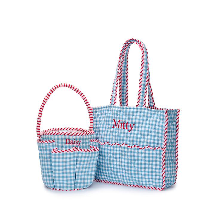 Gingham Mini Bucket Bag with Pockets | Sea Blue