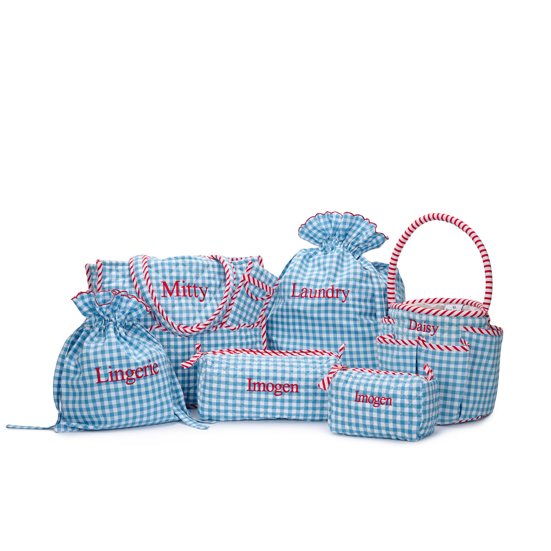 Gingham Mini Bucket Bag with Pockets | Sea Blue