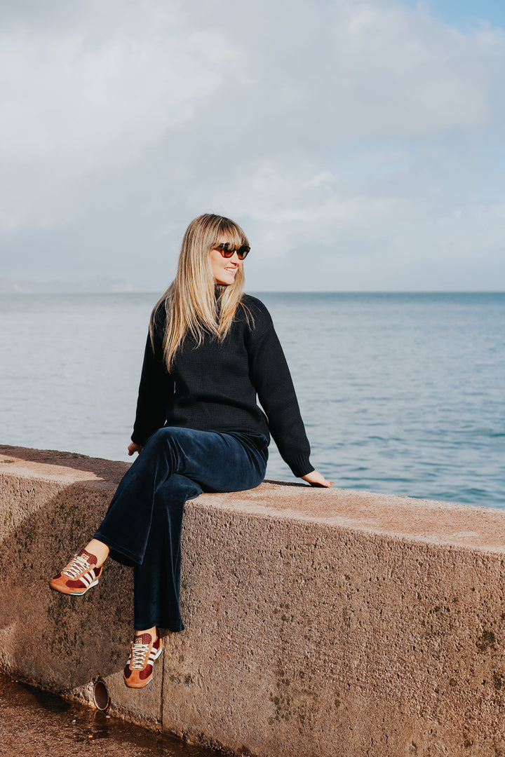 Stretch Velvet Wide Leg Jogging Bottoms | Navy
