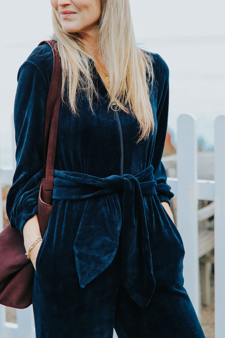 "Mitty" Wide Leg Jumpsuit - Stretch Cotton Velvet (Navy)