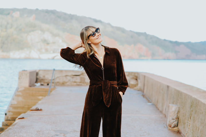 "Mitty" Wide Leg Jumpsuit - Stretch Cotton Velvet (Chocolate Brown)