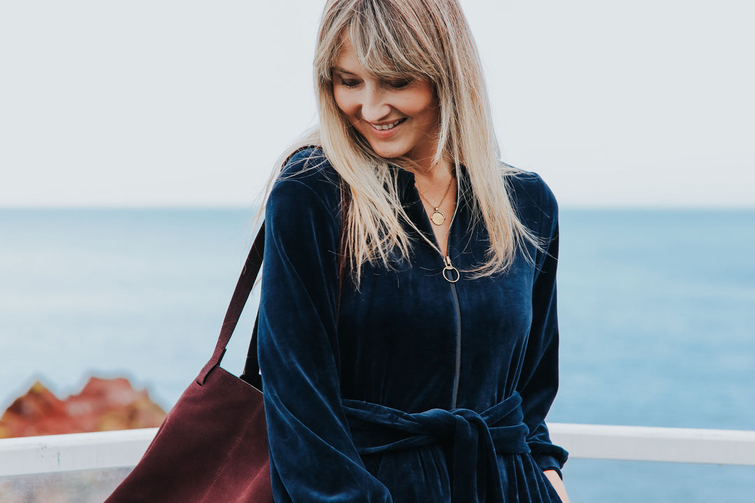 "Mitty" Wide Leg Jumpsuit - Stretch Cotton Velvet (Navy)