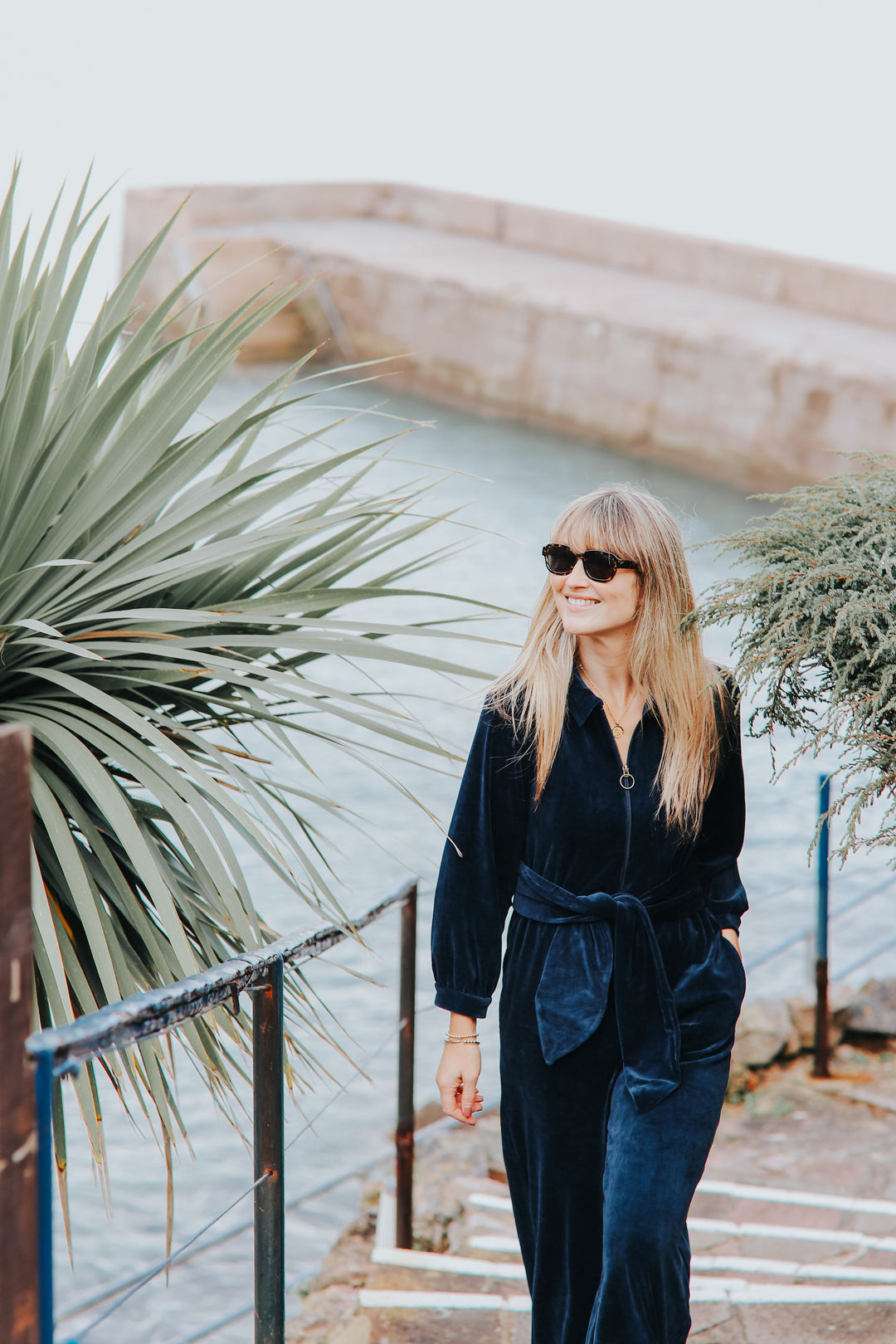 "Mitty" Wide Leg Jumpsuit - Stretch Cotton Velvet (Navy)