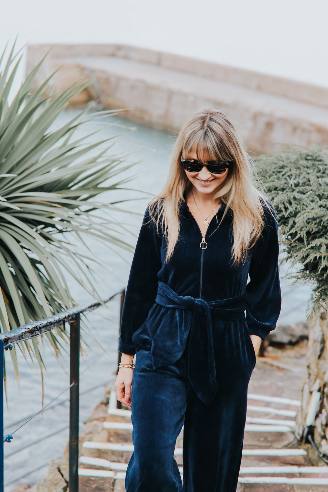 "Mitty" Wide Leg Jumpsuit - Stretch Cotton Velvet (Navy)