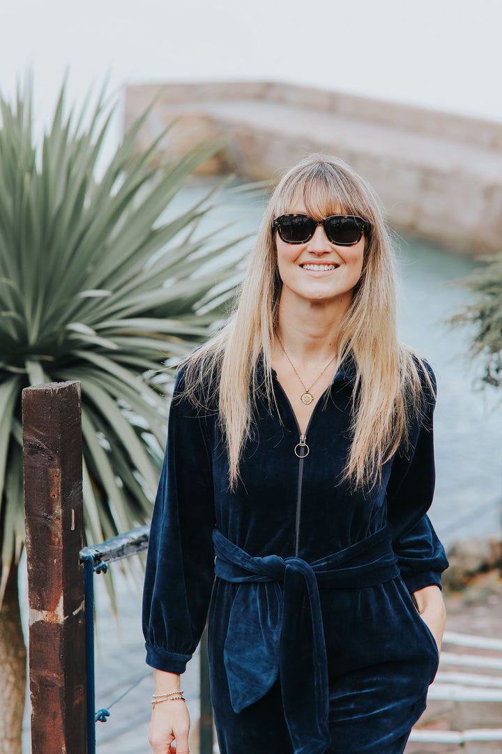 "Mitty" Wide Leg Jumpsuit - Stretch Cotton Velvet (Navy)