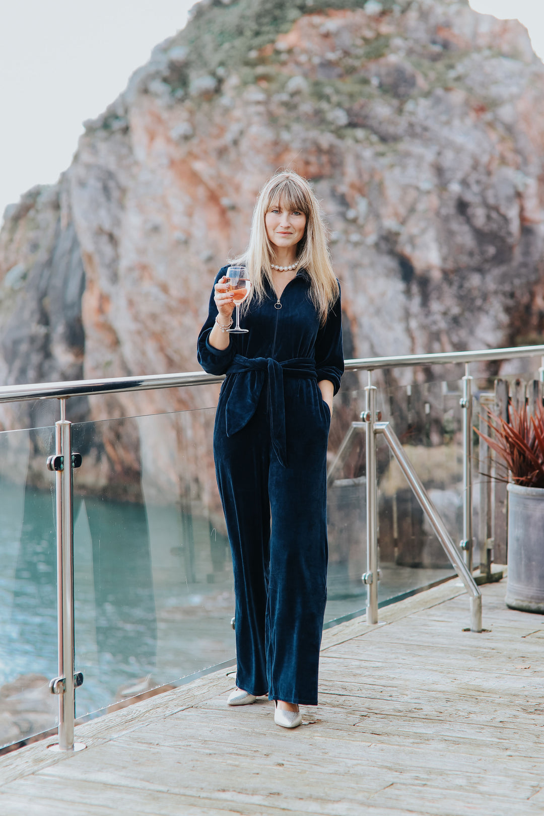 "Mitty" Wide Leg Jumpsuit - Stretch Cotton Velvet (Navy)