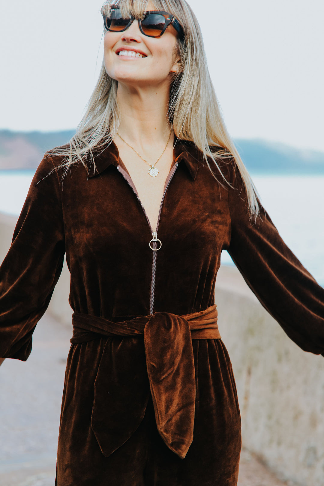 "Mitty" Wide Leg Jumpsuit - Stretch Cotton Velvet (Chocolate Brown)