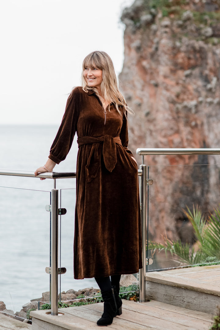 "Imogen" Stretch Velvet Midi Dress (Brown)