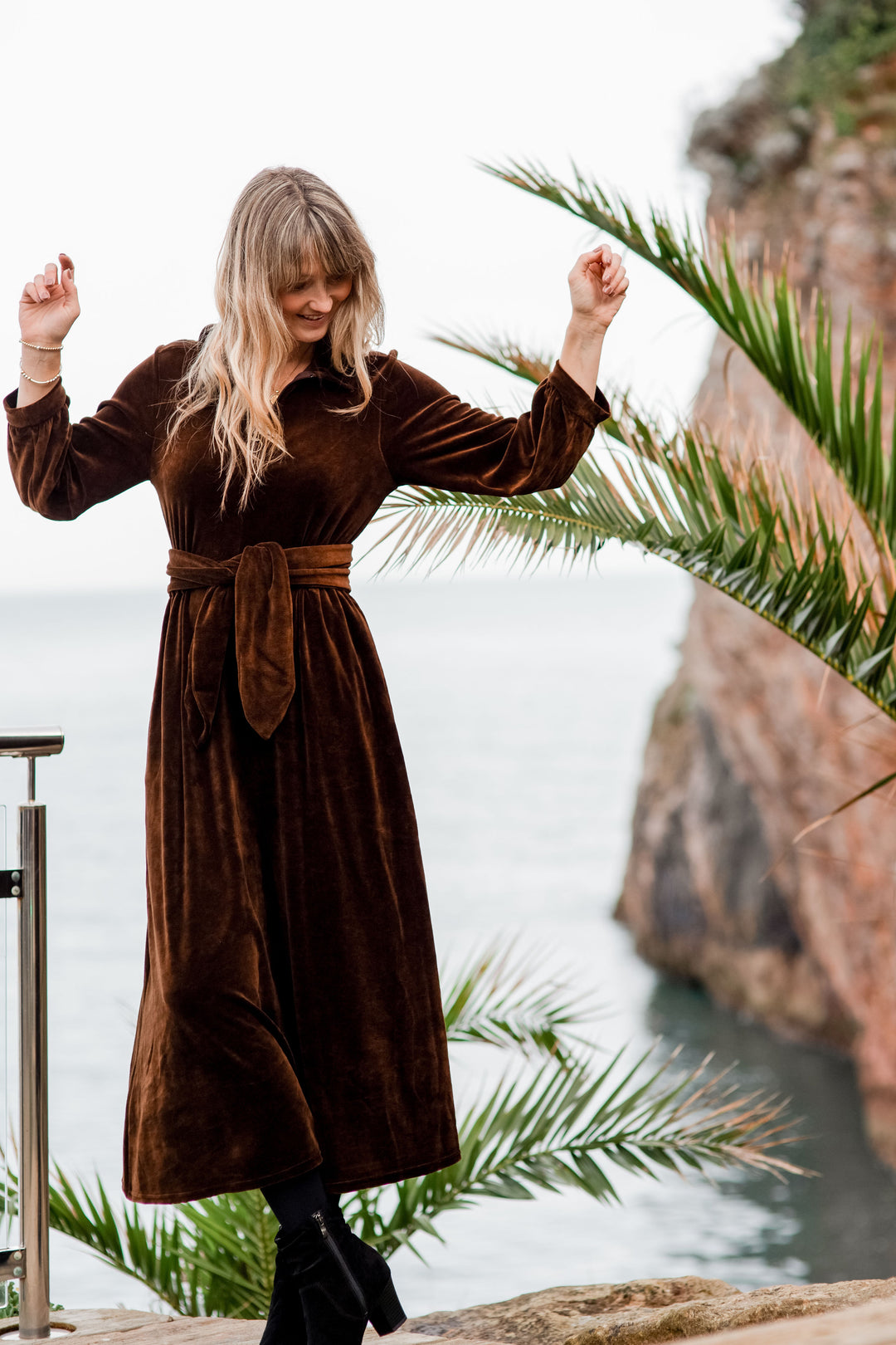 "Imogen" Stretch Velvet Midi Dress (Brown)