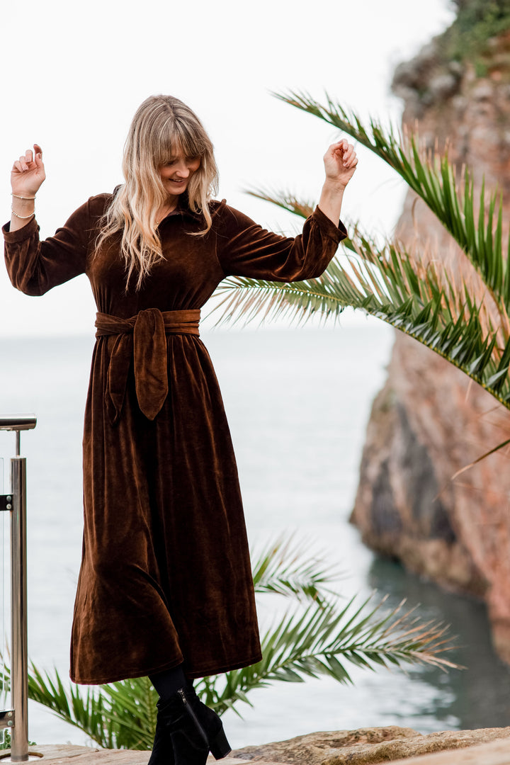 "Imogen" Stretch Velvet Midi Dress (Brown)