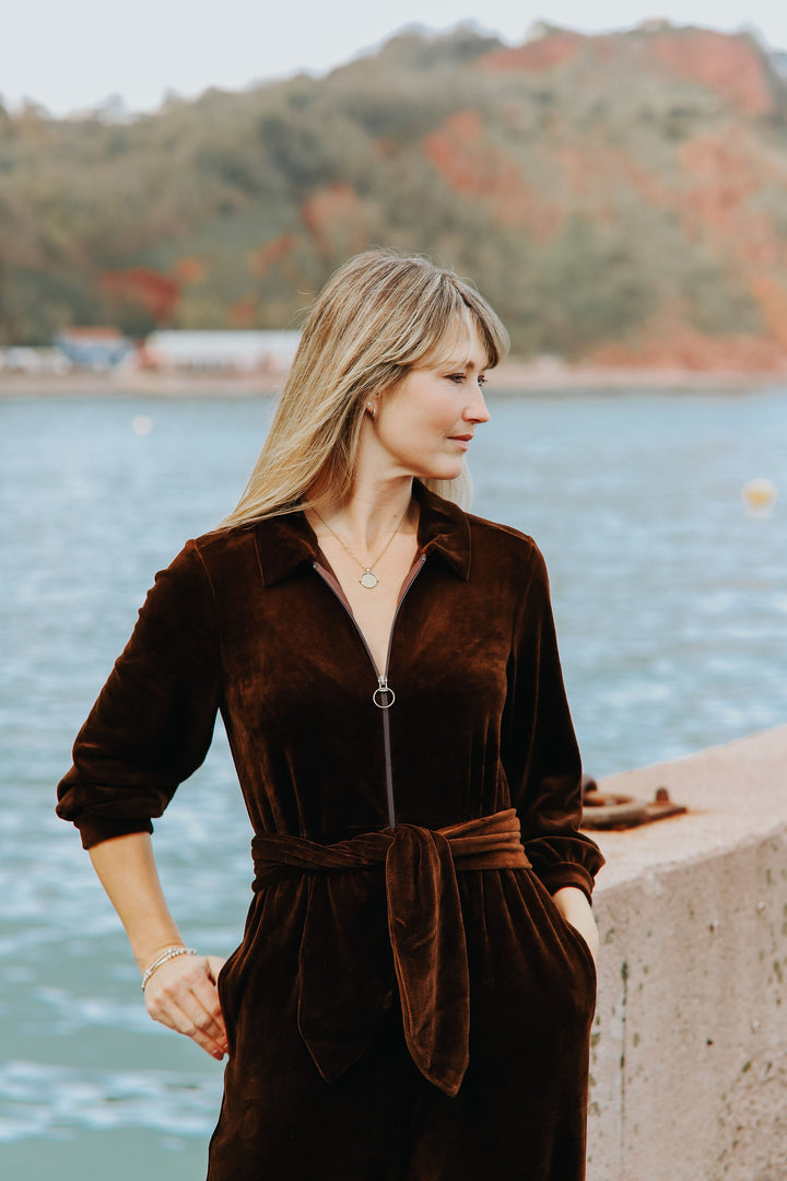 "Mitty" Wide Leg Jumpsuit - Stretch Cotton Velvet (Chocolate Brown)