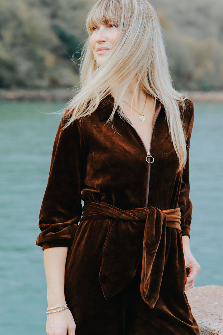 "Mitty" Wide Leg Jumpsuit - Stretch Cotton Velvet (Chocolate Brown)