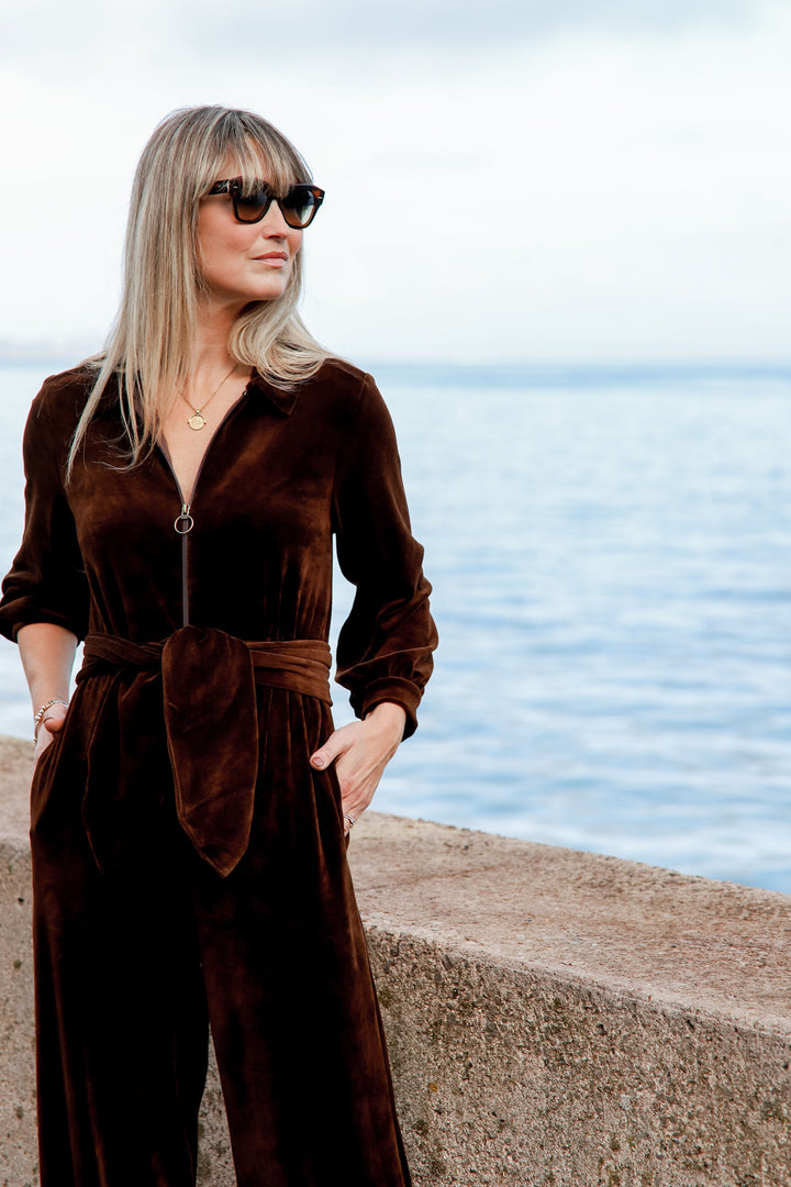 "Mitty" Wide Leg Jumpsuit - Stretch Cotton Velvet (Chocolate Brown)