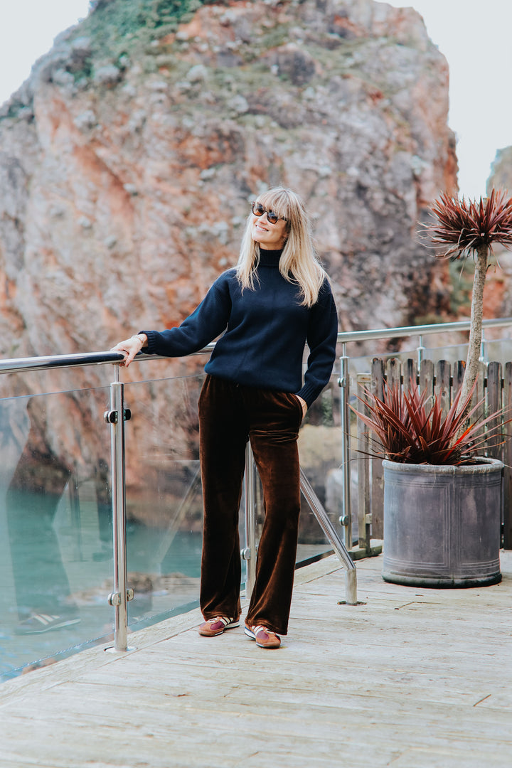 Stretch Velvet Wide Leg Jogging Bottoms | Chocolate Brown