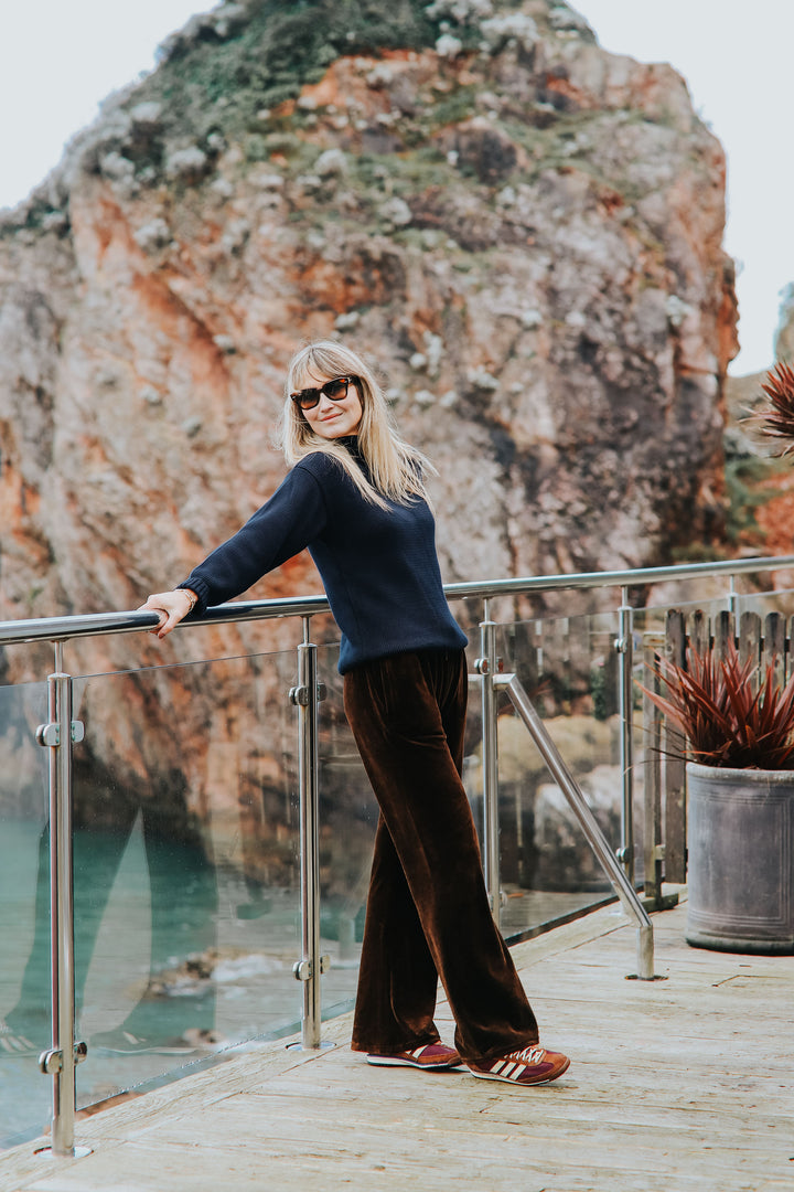 Stretch Velvet Wide Leg Jogging Bottoms | Chocolate Brown