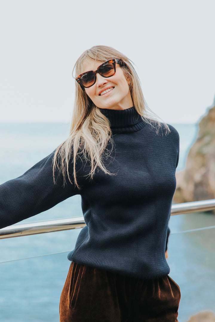 Womens 100% Cotton Roll Neck Jumper | Navy