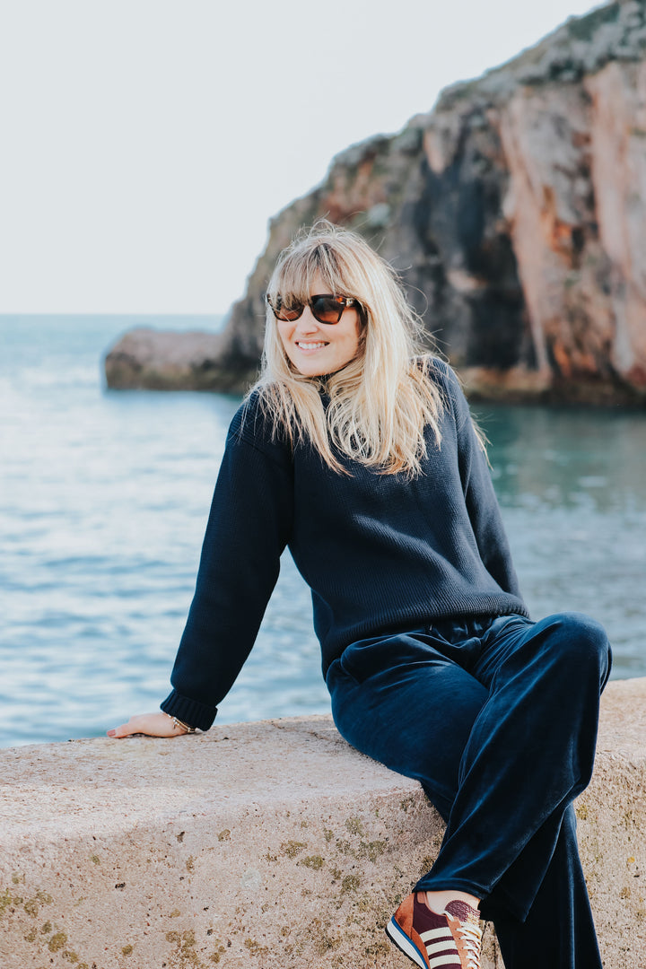 Stretch Velvet Wide Leg Jogging Bottoms | Navy