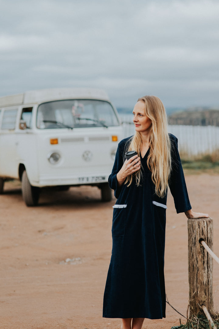 Victoria Towelling Beach Dress / Cover Up | Navy, White Trim