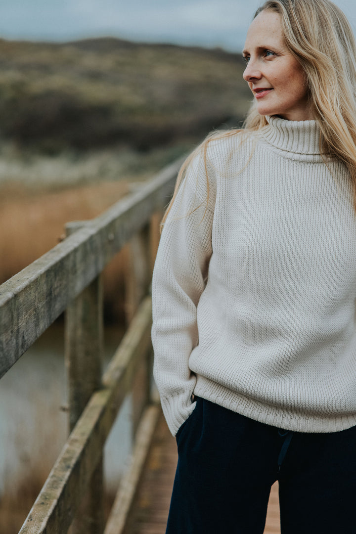 Womens Cotton Roll Neck Jumper | Ecru