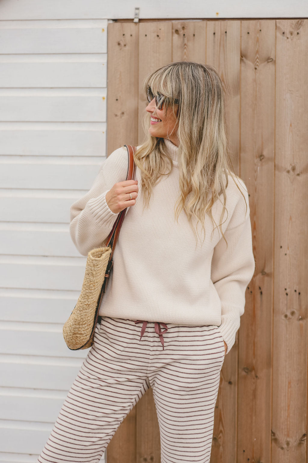 Womens Striped Towelling Wide Leg Jogging Bottoms | Chocolate & Cream