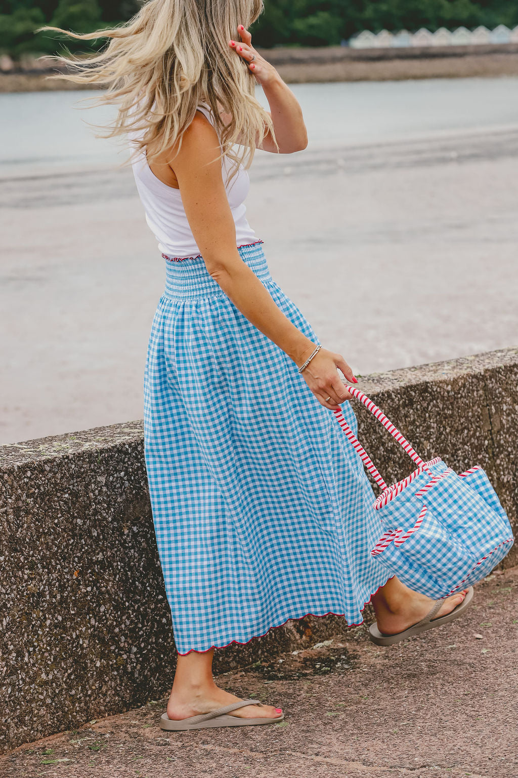 Gingham Mini Bucket Bag with Pockets | Sea Blue